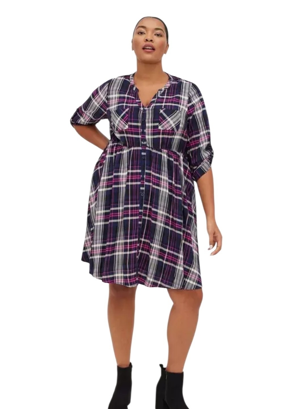 Torrid Navy and Pink Plaid Mini Challis Babydoll Shirt Dress Size 0 (12)